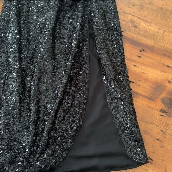 Fashion Nova Faux Wrap Black Sequin Front Slit Halter Dress Open Back Sz M - Picture 9 of 9